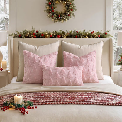 MIULEE Christmas Throw Pillow Covers Pink Christmas Decorations Set of 2 Xmas Tree 12x20 Pillow Covers Soft Plush Faux Wool Pillowcases Holiday Festivals Winter Home Decor Sofa Couch Bed Porch