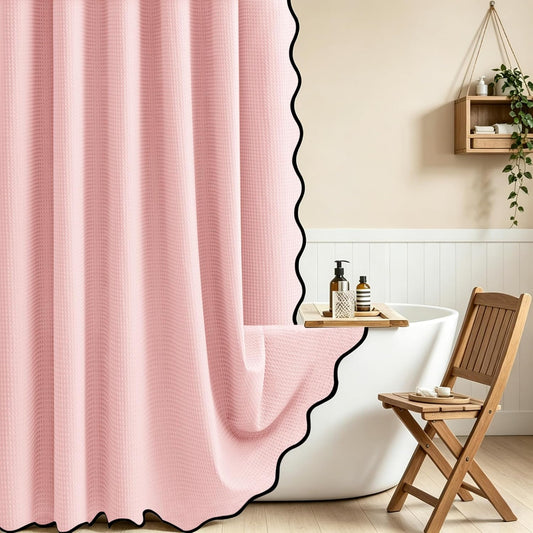 Dynamene Extra Long Scalloped Shower Curtain - 84 inch Cute Heavy Duty Waffle Fabric 256GSM, Modern Hotel Luxury Shower Curtains for Bathroom with Black Scalloped Edge, 12 Plastic Hooks, 72x84, Pink
