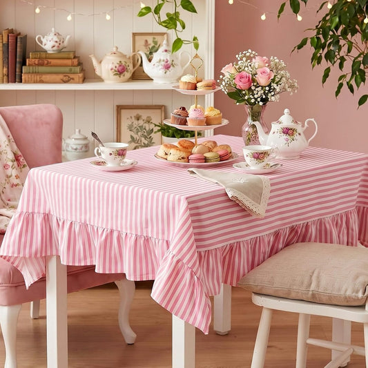 Mindsoft Pink Striped Ruffled Tablecloth 70 x 52 Inches Cotton Linen Rectangular Striped Table Cloth Classic Farmhouse Vintage Table Cover Decorative Pattern for Holiday Party