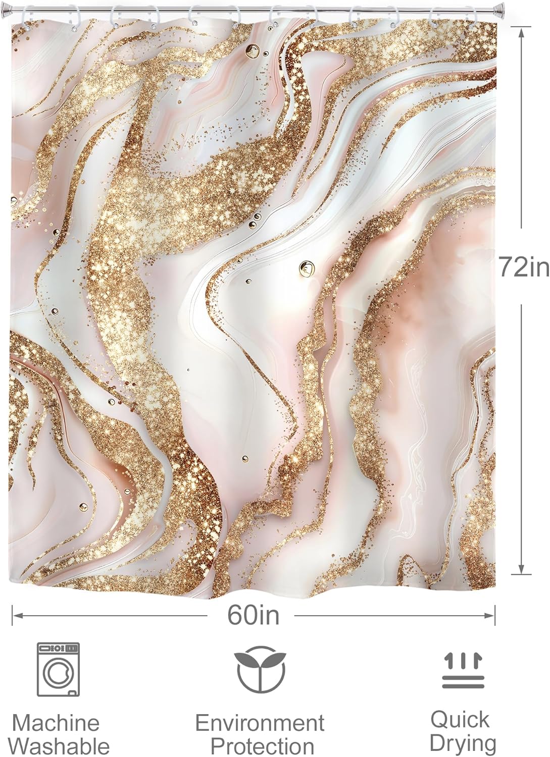 Omifly Abstract Pink Gold Marble Shower Curtain 60Wx72H Inch Modern Minimalist Girls Fluid Ink Texture Golden Luxury Cracked Lines with 12 Plastic Hooks Fabric Waterproof Toilet Accessories Decor