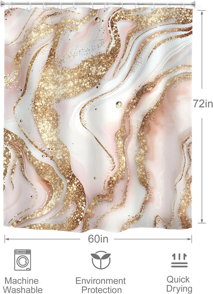 Omifly Abstract Pink Gold Marble Shower Curtain 60Wx72H Inch Modern Minimalist Girls Fluid Ink Texture Golden Luxury Cracked Lines with 12 Plastic Hooks Fabric Waterproof Toilet Accessories Decor