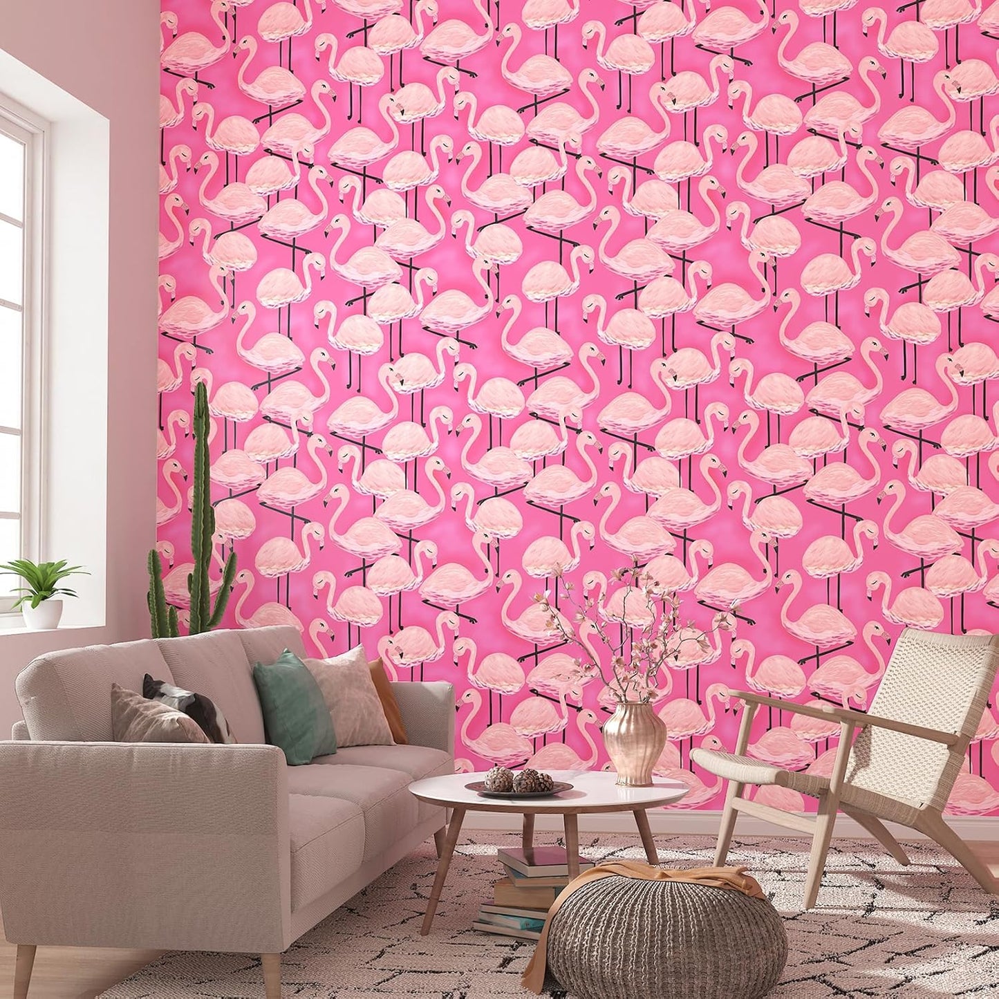 Pink Flamingo Wallpaper Peel and Stick Animal Wallpaper Pink 17.5"X120" Self Adhesive Wall Paper Peel and Stick Modern Watercolor Flamingo Contact Paper for Cabinets and Drawers Living Room