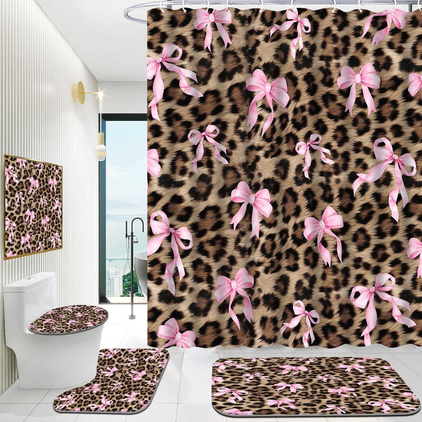 Onalasyc 4 Pcs Leopard Shower Curtain, Cheetah Bow Print Bathroom Set Shower Curtain Sets with Rugs, Waterproof Brown Pink Bow Animal Print Bathroom Curtains Shower Set,12 Pcs Hook,71 x 71 in