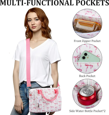 TESAFNG Lunch Box for Women Insulated Lunch Bag Cute Corduroy Lunch Tote Bags Lightweight Reusable Leakproof Cooler Bag with Adjustable Shoulder Strap for Work Office Travel Picnic (Pink Bow)