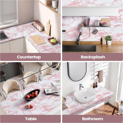 Abyssaly Glossy Marble Contact Paper for Countertop White/Pink Granite Peel and Stick Wallpaper Waterproof Self-Adhesive Removable Wall Paper of Kitchen Bathroom Vinyl Roll 15.7"×118"