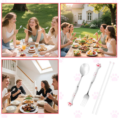 Cat Paw Chopsticks,1 Set of 3 Tableware Kits,Cat Chopsticks,Spoon,Fork,Cute Pink Paw Prints Reusable Lightweight Non-Slip Grip Eating Chopstick,Pet Themed Cat Fun Idea Gifts for Girlfriends Cat Lovers