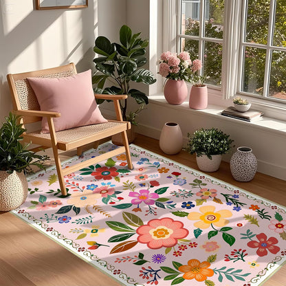 3x5 Feet Floral Area Rug Non-Slip Low Pile Soft Washable Pink Rug for Girls' Rooms, Nursery, Kids Room, Entryway – Lightweight Easy Clean Modern Decorative Carpet