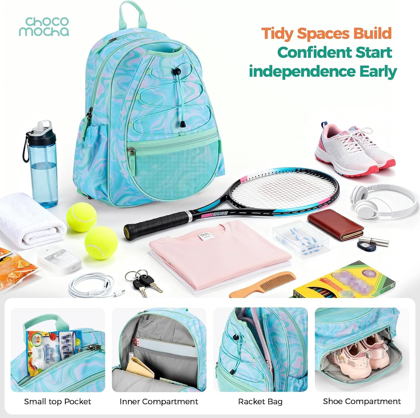 Choco Mocha Kids Tennis Bag, 16 Inch Youth & Junior Tennis Backpack with Shoe Compartment, Holds 2 Rackets (21–23 Inch)