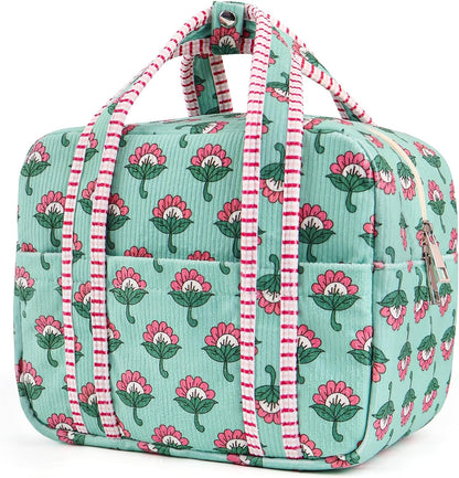 Aesthetic Corduroy Insulated Lunch Bag for Women, Floral Block Print Lunch Box with Pocket, Spacious Boho Reusable Cooler Tote for Work, School, Nurse Gift & Picnic, Leakproof (Pink Green)