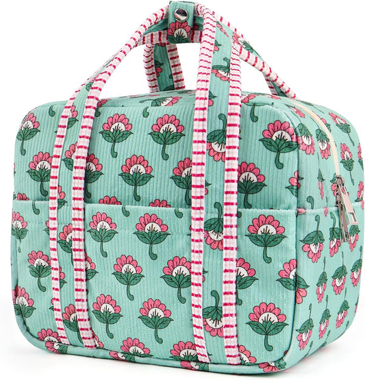 Aesthetic Corduroy Insulated Lunch Bag for Women, Floral Block Print Lunch Box with Pocket, Spacious Boho Reusable Cooler Tote for Work, School, Nurse Gift & Picnic, Leakproof (Pink Green)