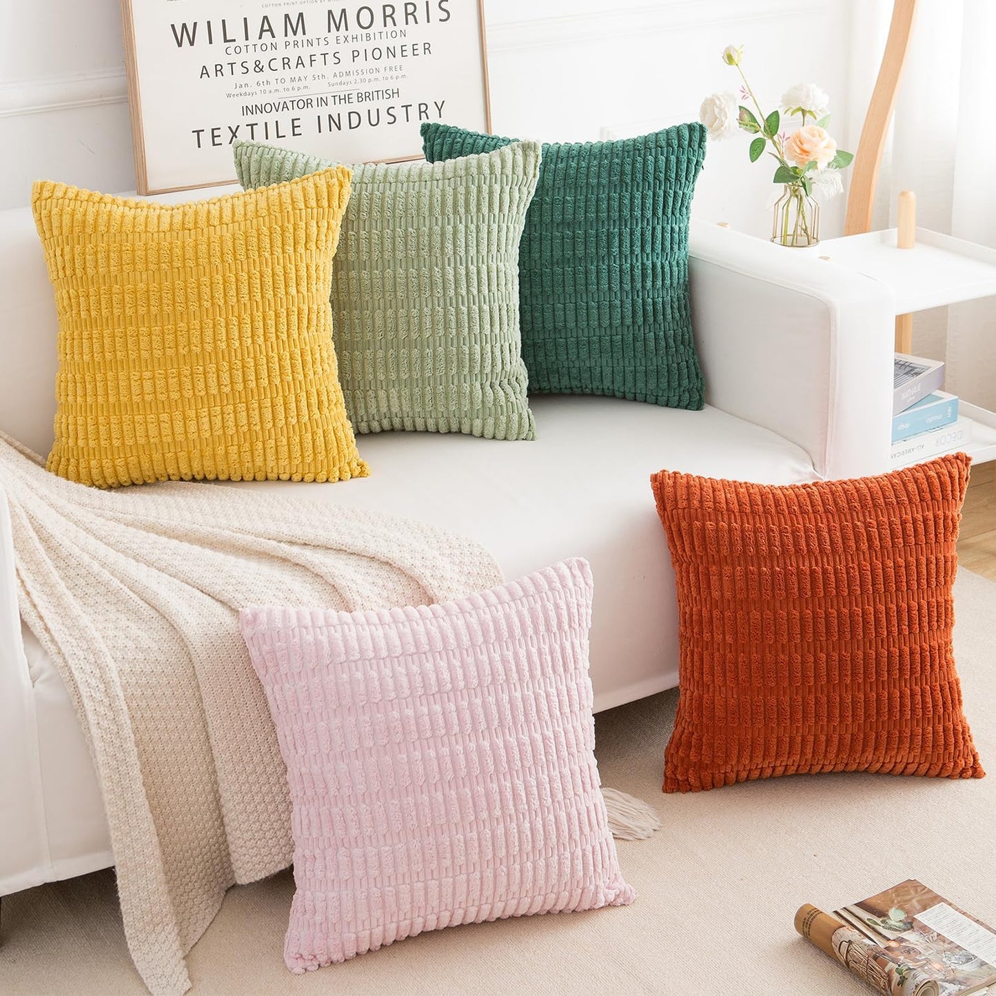 Corduroy Decorative Throw Pillow Covers, Boho Stripe Soft Square Cushion Case Home Decor for Living Room Couch Bed Sofa, Set of 2 Pack, Pink, 18x18 Inch