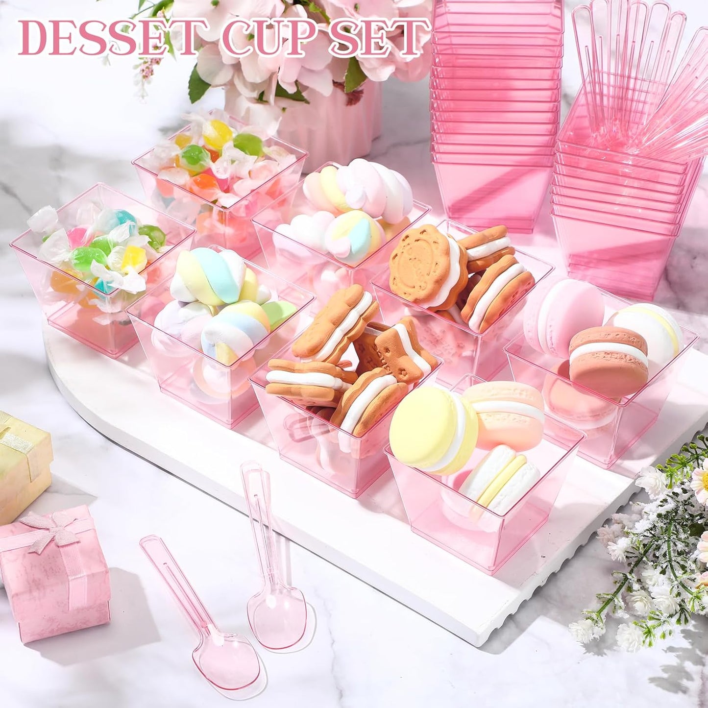 Mifoci 50 Sets Dessert Cups with Spoons, Square Disposable Plastic Parfait Bowl, Elegant Clear Dessert Cups for Fruit Ice Cream for Wedding Bridal Shower Baby Shower Graduation Birthday (3.5 oz,Pink)