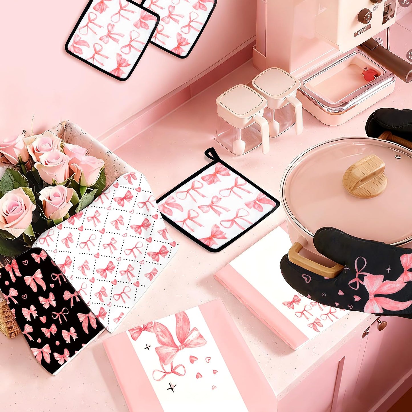 10 Pcs Cute Pink Bow Kitchen Decor and Accessories - Valentines Day Sets 4 Dish Towels 2 Pot Holders 2 Oven Mitts 2 Rugs for Kitchen Bathroom Home Cooking Housewarming Baking Daughter Mom Gift
