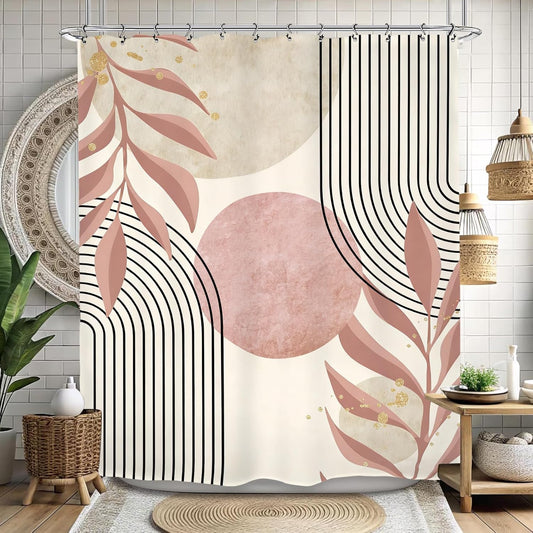 Abstract Pink Modern Shower Curtain 60Wx72L Inch Minimalist Geometric Contemporary Neutral Aesthetic Plant Leaves Mid Centry Bathroom Set Accessories Decor with 12 Pack Hooks