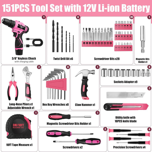 JENABOM Pink Tool Set - 12V Cordless Drill Kit, 151 Piece Home Tools Set With Power Drill, Tool Kits for Men & Women, Perfect for Homeowner, Diyer, Handyman
