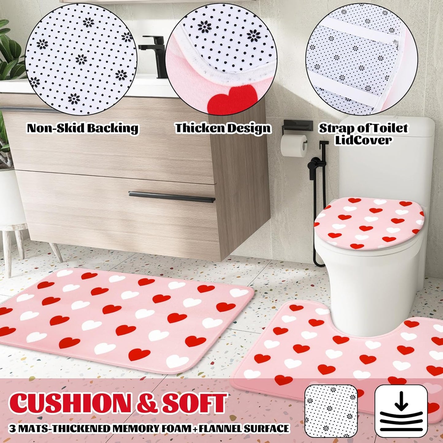 JarThenaAMCS 4Pcs Valentine's Day Bathroom Set Pink Red White Heart Non-Slip Bath Mat U-Shaped Toilet Rug Toilet Lid Cover Shower Curtain with Hooks for Home Hotel Accessories Decoration