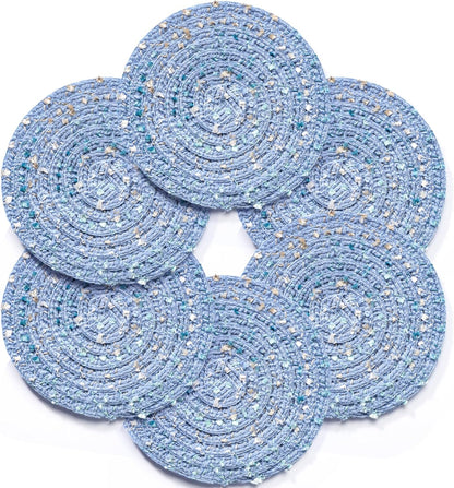 Bar Coasters Set of 6,Cotton Coasters for Drinks,Boho Coasters Pink Cup Coaster Table Coaster for Coffee, Bars,Home and Decorative Furniture 4.3 Inch (Blue)