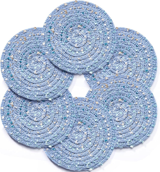 Bar Coasters Set of 6,Cotton Coasters for Drinks,Boho Coasters Pink Cup Coaster Table Coaster for Coffee, Bars,Home and Decorative Furniture 4.3 Inch (Blue)