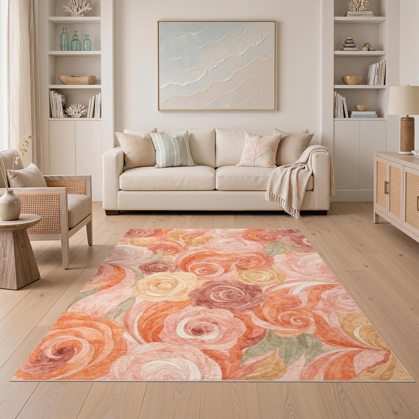 5'x7' Washable Flatwoven Rug, Peach Watercolor Floral Stain Resistant Area Rug for Guest Room, Lounge, Apartment, Non-Slip Low Profile Floor Covering | Ref:2166759