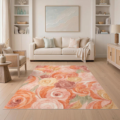 5'x7' Washable Flatwoven Rug, Peach Watercolor Floral Stain Resistant Area Rug for Guest Room, Lounge, Apartment, Non-Slip Low Profile Floor Covering | Ref:2166759