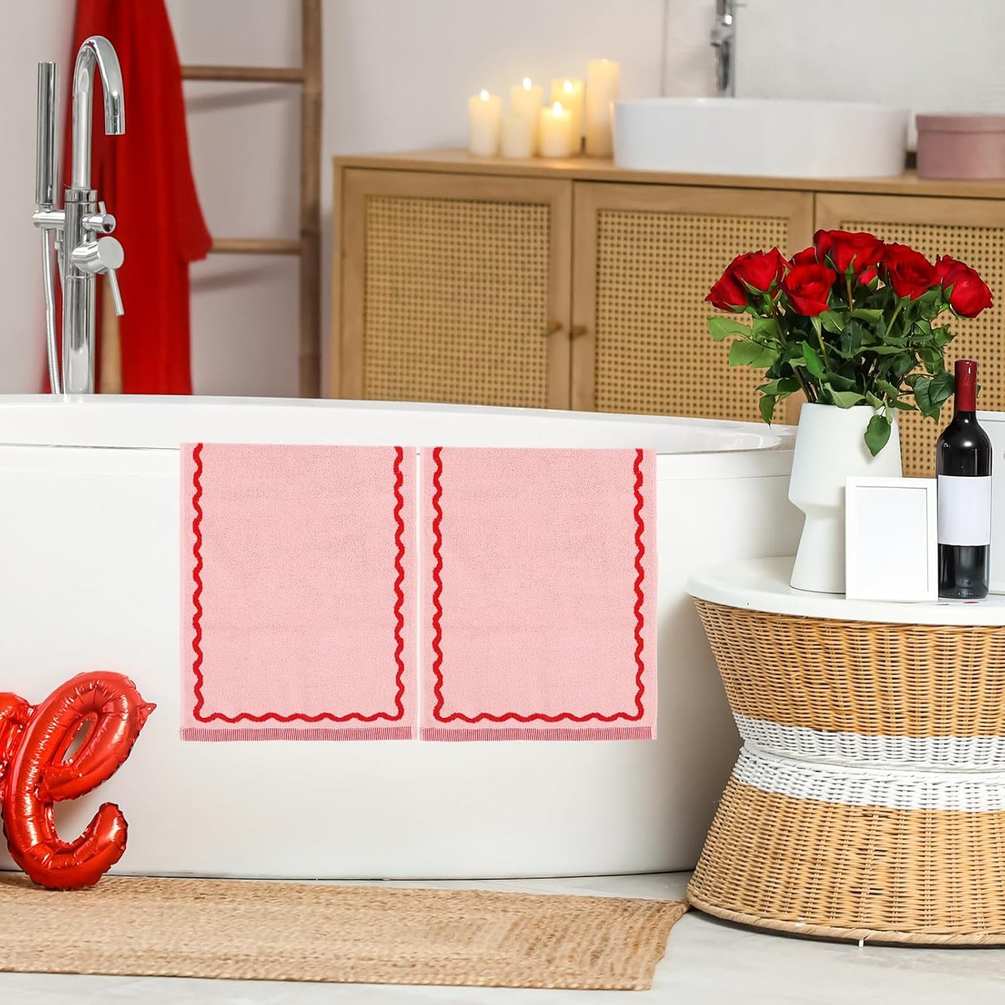 Whaline Pink Red Scalloped Hand Towels Decorative Towel 2 Pack Print Cotton Bathroom Towel for Kitchen Drying Cleaning, 29.5 x 13.7 Inch