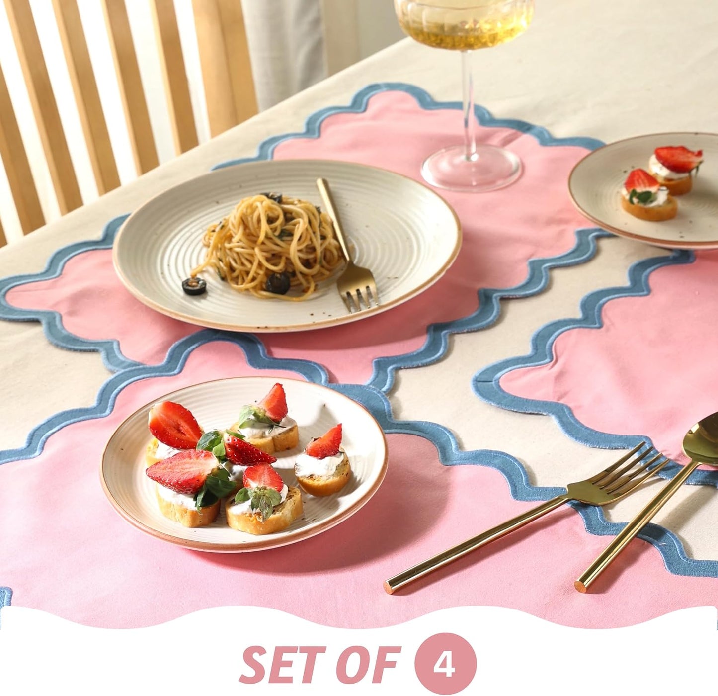 Folkulture Placemats Set of 4 (13 x 19) | 100% Cotton, Cute, Heat Resistant,Machine Washable Scalloped Place Mats | Pink Rectangular Cloth Table Placemats or Dining Table Mats for Dinner Party