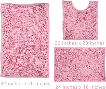 Pink Bathroom Rugs Sets 3 Piece Washable, Luxury ，Chenille Bath Mat Set, Soft Plush Anti-Slip Rectangular Bath， Rug Super Absorbent.3 Pieces Bathroom (Pink, 32"x20"+24"x16"+U Shape 20"x20")
