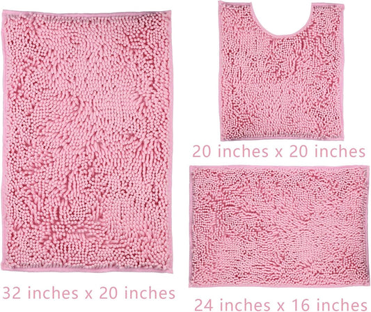 Pink Bathroom Rugs Sets 3 Piece Washable, Luxury ，Chenille Bath Mat Set, Soft Plush Anti-Slip Rectangular Bath， Rug Super Absorbent.3 Pieces Bathroom (Pink, 32"x20"+24"x16"+U Shape 20"x20")