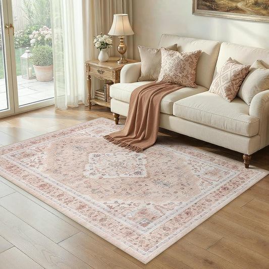 5x7 Area Rugs for Living Room: Washable Rugs Vintage Floral Carpet for Bedroom Office Dining Room Nursery, Non Slip Stain Resistant Soft Thin Retro Rug, Pink