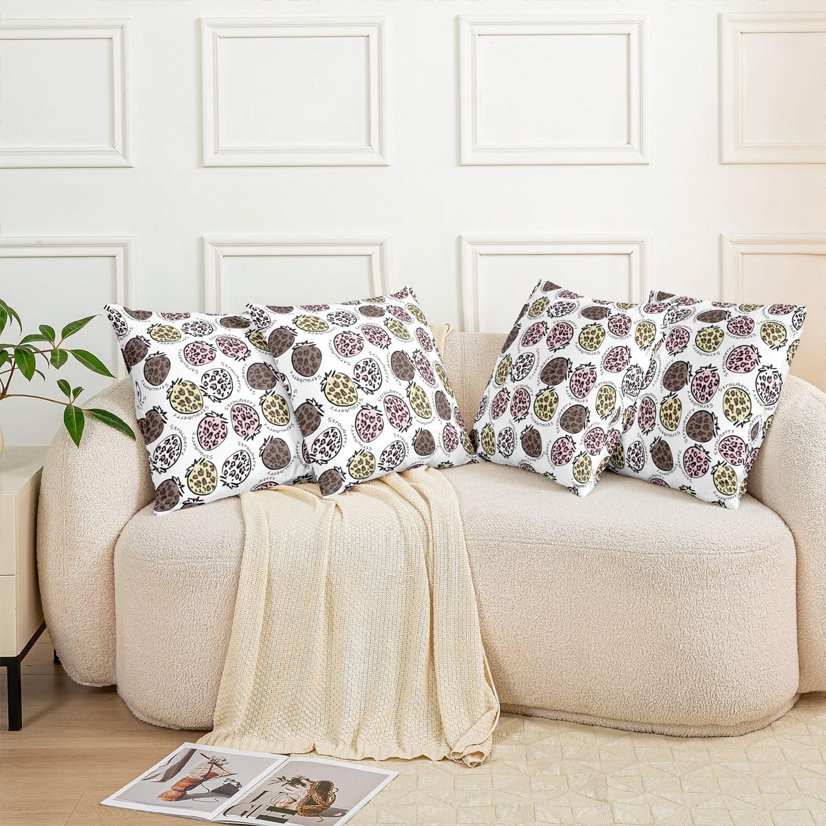 Cartoon Leopard Strawberry Throw Pillow Covers (Pack of 2),Pink Yellow Brown Leopard Cushion Cover for Teens Wild Cheetah Fur Pillow Cases Cute Fruits Pattern Living Room Sofa Bed Decor ,22"Lx22"W