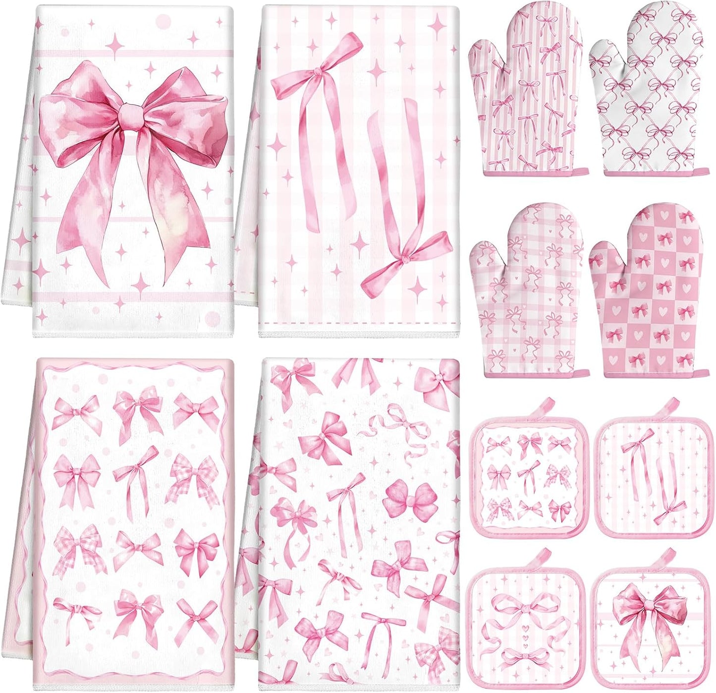 SiliFine 12 Pcs Pink Kitchen Accessories Set Bows Pot Holders Oven Mitts and Kitchen Towels Coquette Potholders Cooking Mittens Oven Glove for Home Baking Cooking Supply Gifts