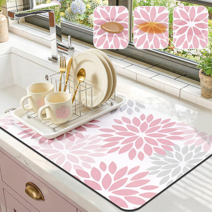Findosom Floral Dish Drying Mat, 12" x 20" Super Absorbent & Hide Stain Coffee Mat, Cuttable Drying Mat for Kitchen Counter, Under Dish Rack, Coffee Maker, Espresso Machine, Pink