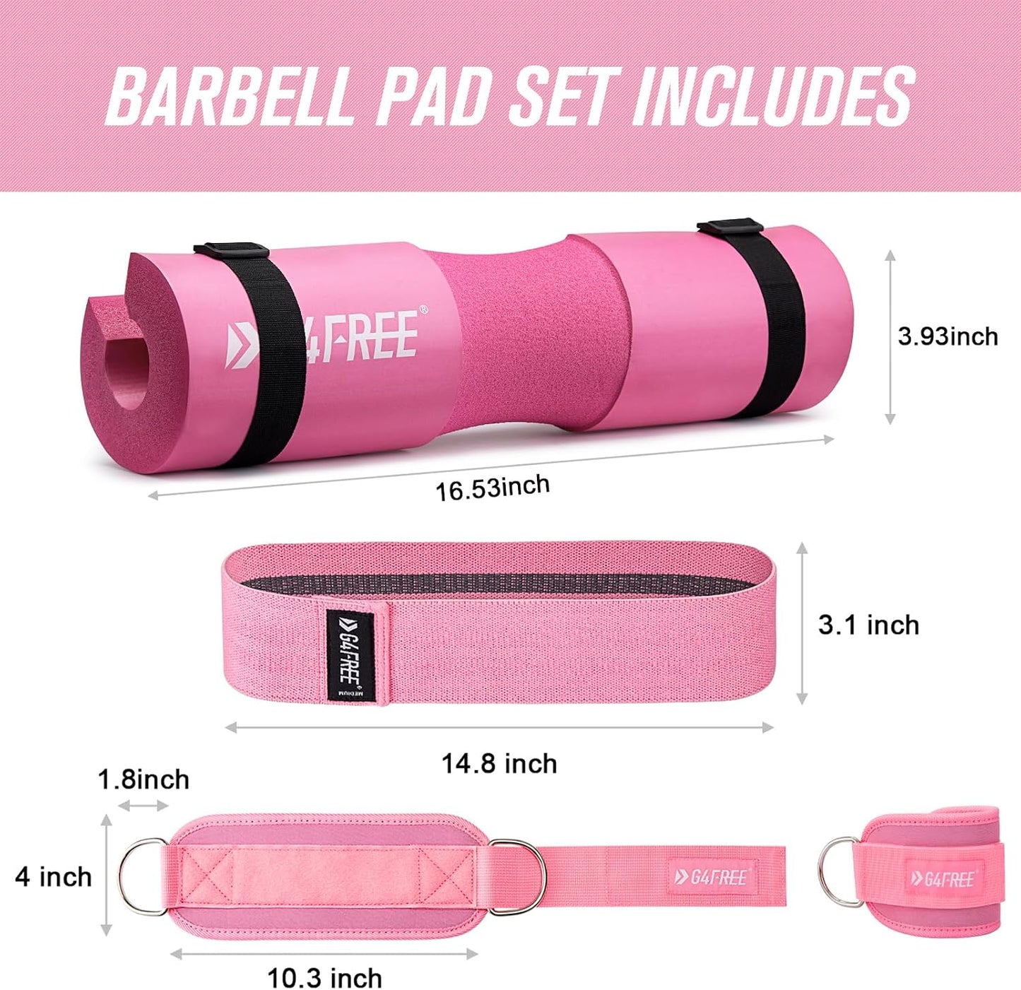 G4Free 9Pcs Barbell Pad Set for Squat, Hip Thrusts, Lunges, Leg day, Standard Olympic Bars with 2 Gym Ankle Safety Straps, 3 Hip Resistance Bands, 2 Lifting Strap, Barbell Pad, and Carry Bag