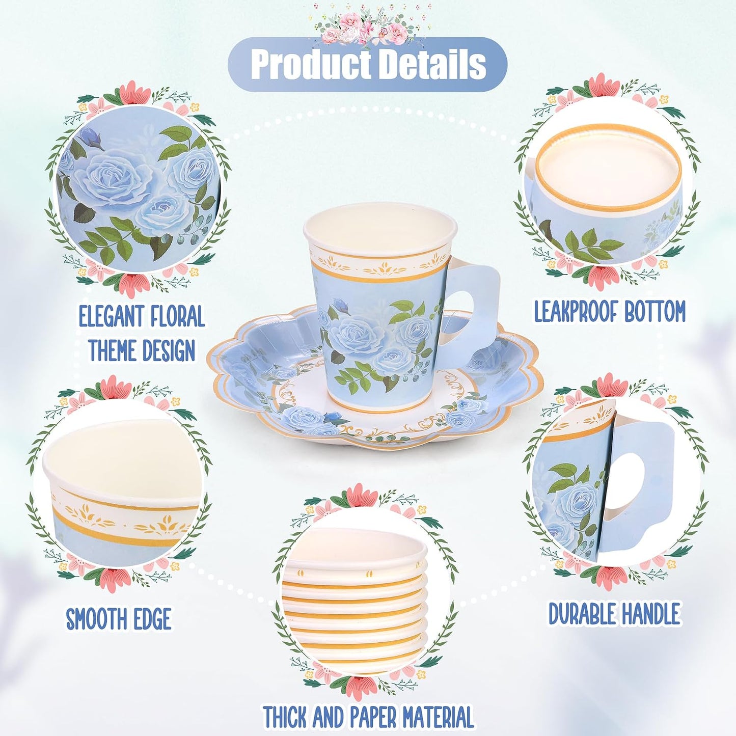 Kochorie 96 Piece Floral Paper Tea Cups and Saucers 9 Oz Teacup with Handle 9 Inch and 7 Inch Paper Plate Napkin Disposable Tea Party Supplies Serve 24 for Wedding Birthday, Pink, Blue, Yellow, Purple