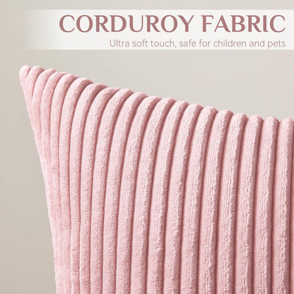 Softalker Decorative Throw Pillow Covers 18x18, Set of 2 Soft Corduroy Striped Boho Solid Pillow Cover, Modern Farmhouse Home Decor House Warming Gifts for Couch Sofa Bed Living Room, Light Pink