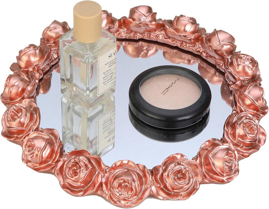 Pink Rose Mirrored Vanity Tray - Ornate Makeup Vintage Round Perfume Dresser Jewelry Trinket Organizer for Bathroom Storage Home Decor