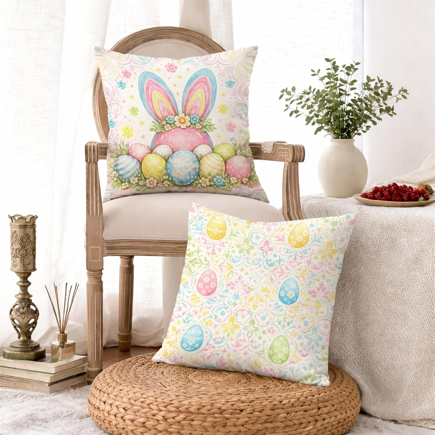 Bunny Throw Pillow Covers Set of 4, Spring Festive Easter Eggs Flowers Easter Pastel Peach Soft Velvet Washable Pattern Pillow Covers for Home Living Room Bedroom Dorm Couch Decor 16x16 Inch