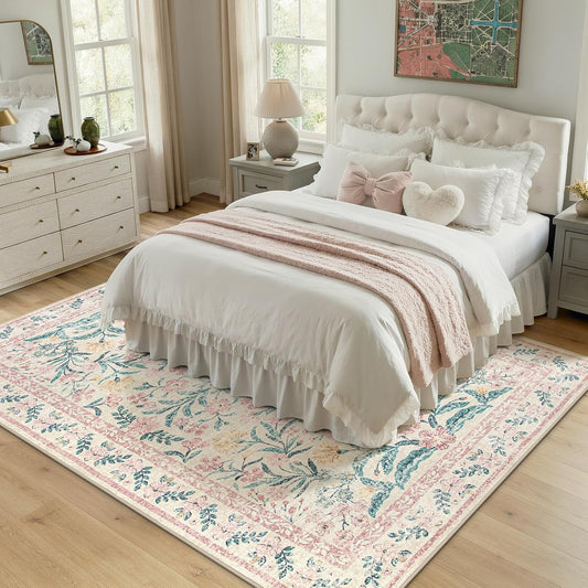 Morebes Washable Area Rug 6x9, Pink Boho Floral Rugs for Bedroom Girls, Soft Low-Pile Indoor Nursery Carpet for Living Room Dining Room Playroom Dorm Kids Room Decor