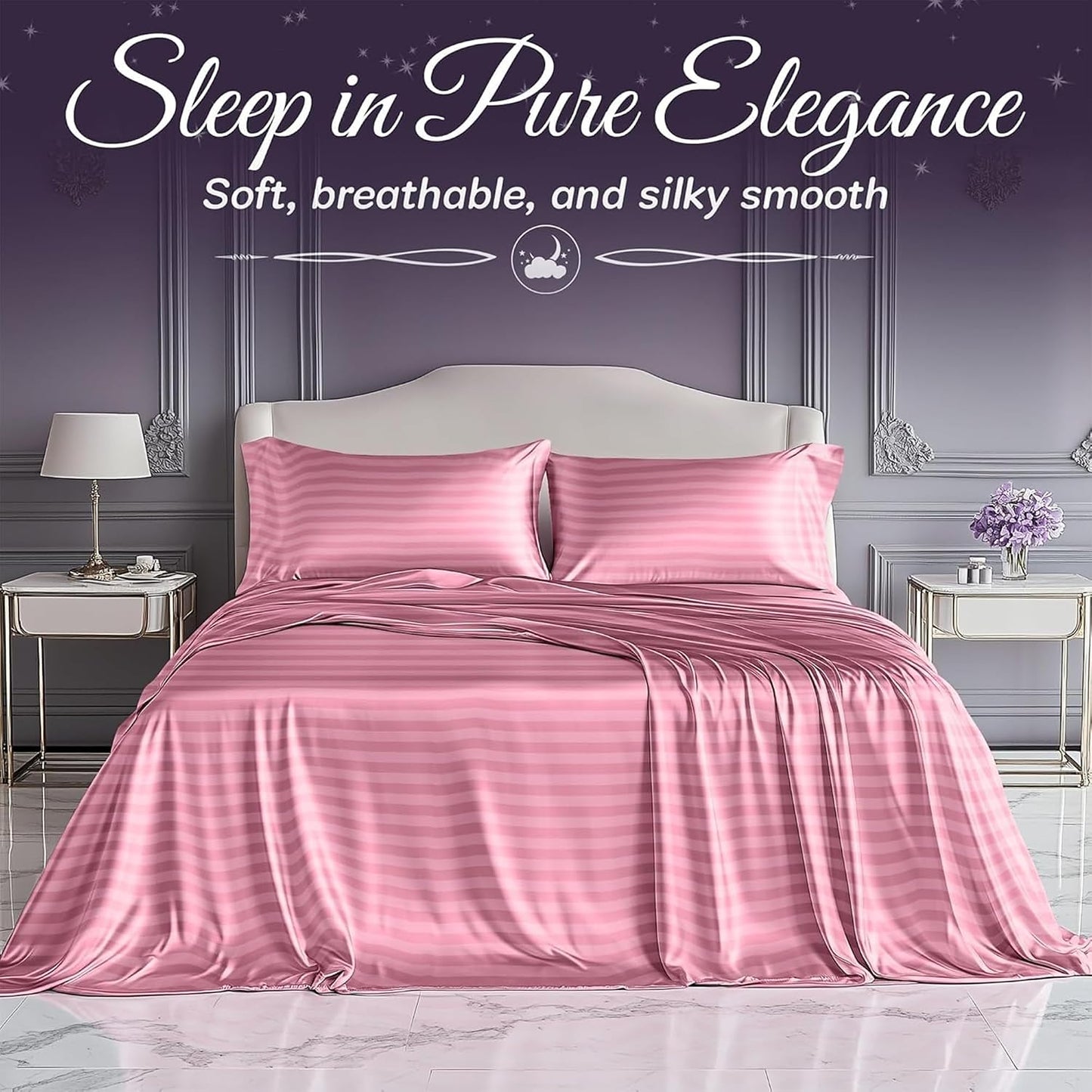 SLEEP SANCTUARY Satin Sheets Queen Size – 4 Piece Luxury Silky Bed Set, Softer Than Silk, 15" Deep Pocket, Cooling & Wrinkle-Free, Moisture-Wicking & Breathable for Hair & Skin (Striped Pink)