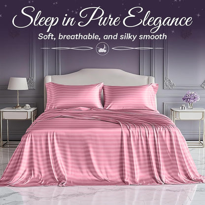 SLEEP SANCTUARY Satin Sheets Queen Size – 4 Piece Luxury Silky Bed Set, Softer Than Silk, 15" Deep Pocket, Cooling & Wrinkle-Free, Moisture-Wicking & Breathable for Hair & Skin (Striped Pink)