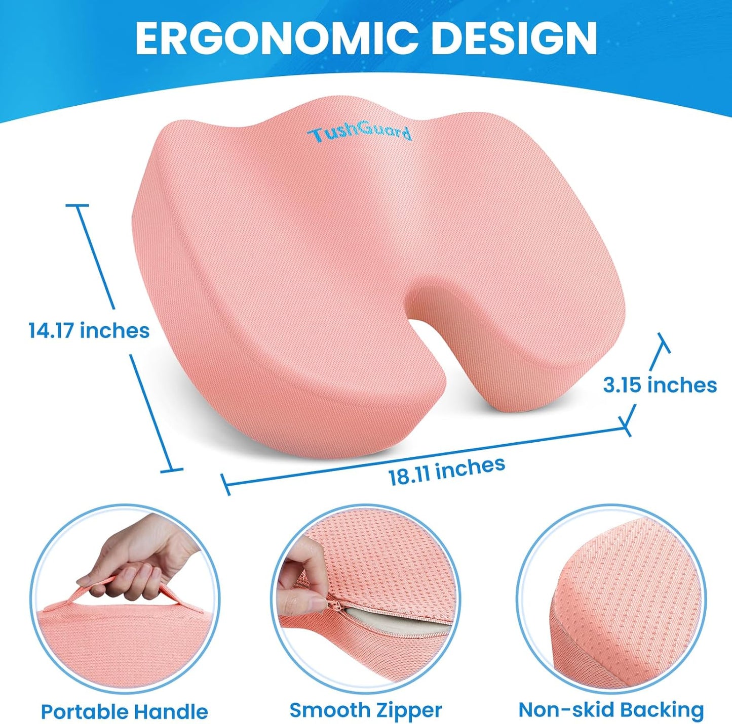 TushGuard Seat Cushion for Office Chair Memory Foam Non-Slip Cushion Back, Relief Chair Pad, Butt Pillow for Office Chair, Car, Computer Desk, Pink