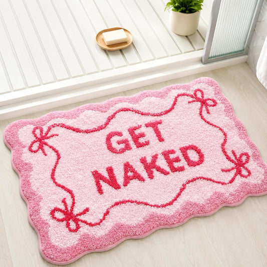 Drydiet Get Naked Bath Mat Pink Bow Bathroom Rugs 32" x 20" Humorous Scalloped Bathroom Decoration Non-Slip Machine Washable Absorbent Plush Bath Floor Carpet for Party Gifts Bathtub Shower