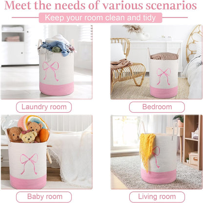 Honeydak Pink Laundry Basket Bow Hamper Coquette Laundry Basket Cotton Rope Pink Hamper 15 x 17.7 Inches Toy Box Large Coquette Bow Teens Girls Room Storage for Blanket Toys Clothes Organization