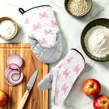 Pink Bows Polka Dots Non-Slip Oven Mitts Set Heat Resistant Kitchen Gloves with Quilted Liner Cotton Machine Washable with Hanging Loop for Baking Grilling BBQ