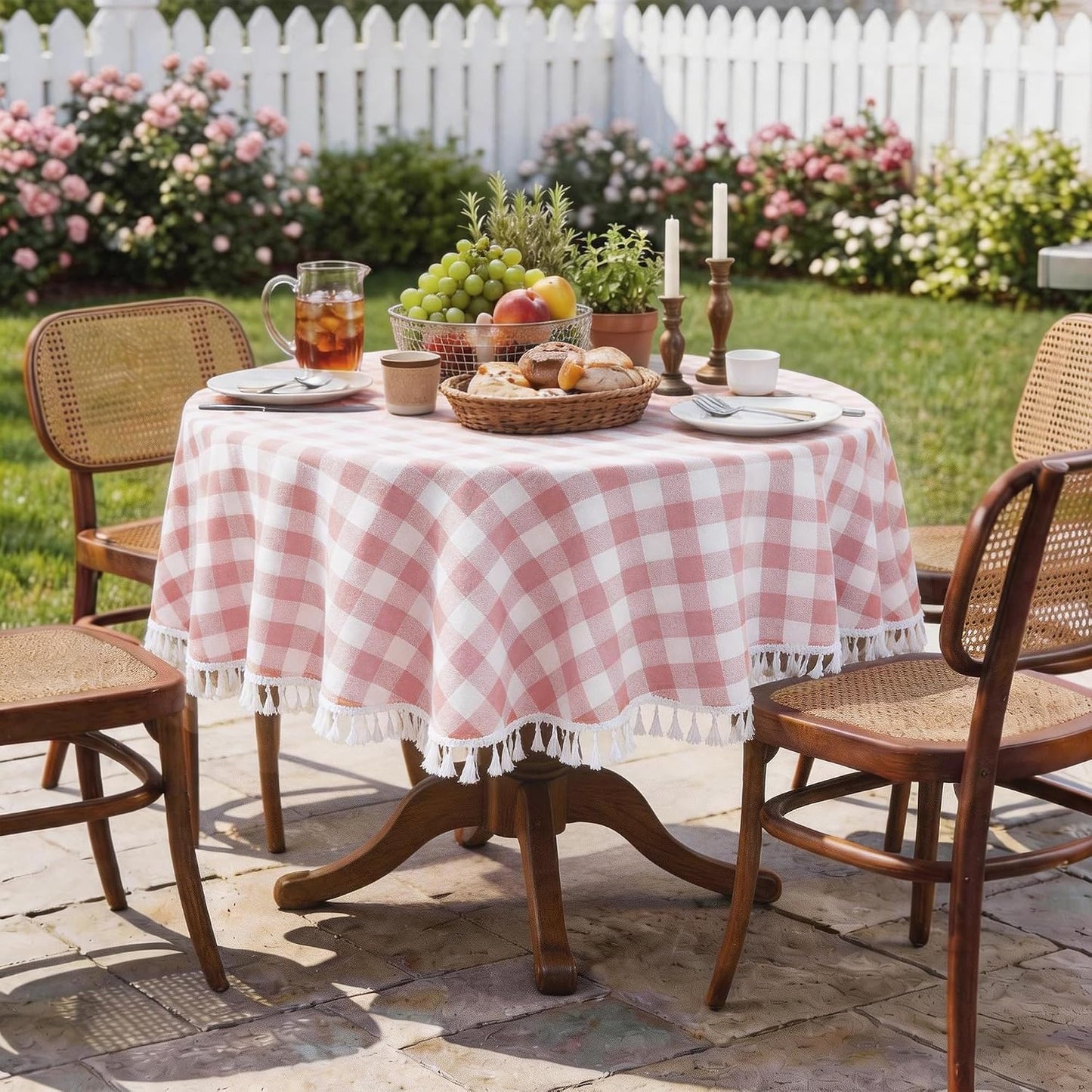 JIALE Gingham Round 60" Tablecloth Rectangle Cotton Linen Fabric Checkered Table Cloth with Tassel Washable Wrinkle Free Buffalo Plaid Table Cover for Birthday Party Picnic Outdoor, Pink