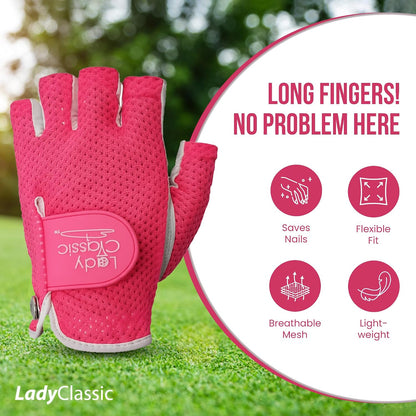 Mesh Half Golf Glove for Women – Premium Cabretta Leather Palm, Breathable Mesh Back, Half-Finger Design Ladies Golf Glove for Enhanced Grip & Comfort