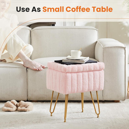 Sweetcrispy Vanity Stool Chair with Storage, 18.9”H x 16”L x 12.2”W Ottoman Chair Faux Fur Soft Padded Makeup Footstools Seat with 4 Metal Legs Anti-Slip Adjustable Feet for Make Up, Pink