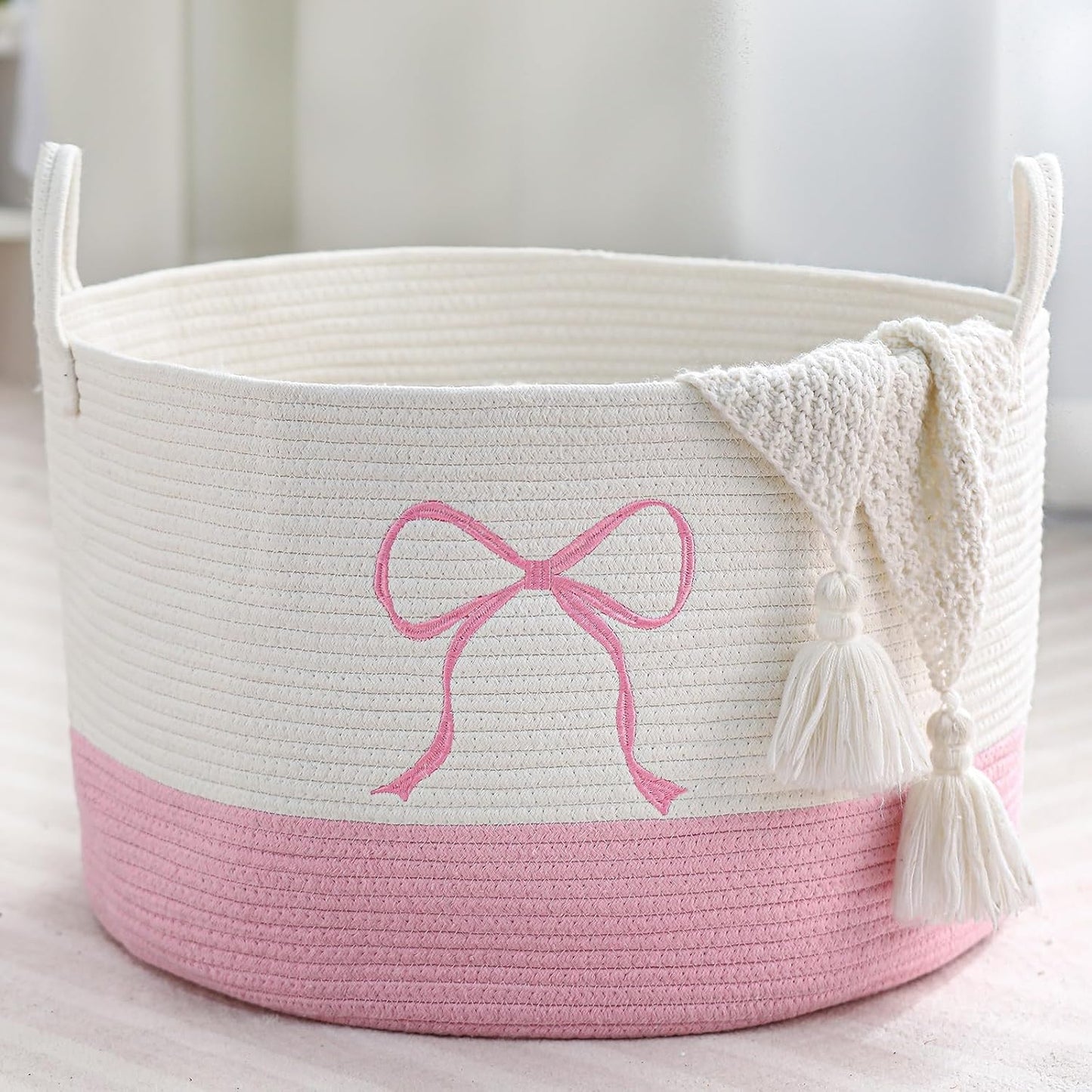 Honeydak Large Pink Laundry Basket Bow Hamper Cotton Rope Pink Laundry Hamper 13 x 20 Inch Toy Box Coquette Bow Girly Nursery Basket Storage for Bedroom Bathroom Blanket Clothes Organization