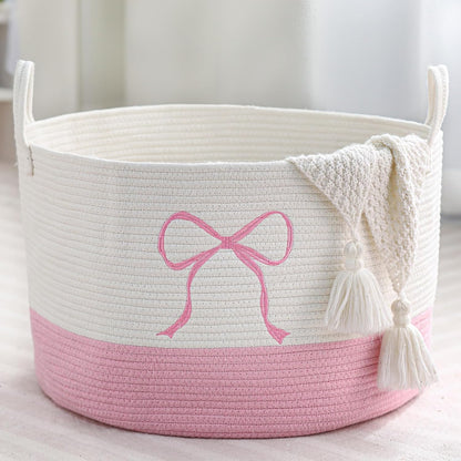Honeydak Large Pink Laundry Basket Bow Hamper Cotton Rope Pink Laundry Hamper 13 x 20 Inch Toy Box Coquette Bow Girly Nursery Basket Storage for Bedroom Bathroom Blanket Clothes Organization