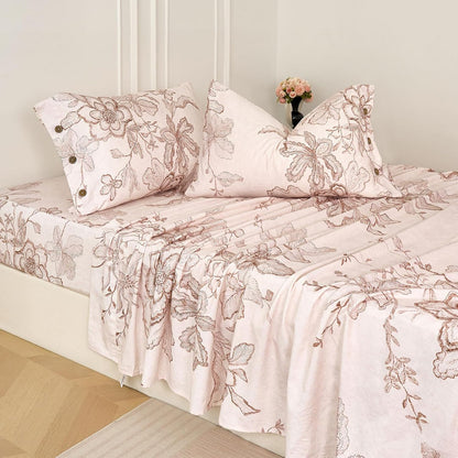 Zusbest King Size Sheets Pink Floral Sheet Set 400TC 100% Cotton Flannel-Like Warm Luxury Bed Sheet Set 4Pcs, Button Closure Double Brushed Extra Soft Breathable Toile Printed Deep Pocket 17‘’